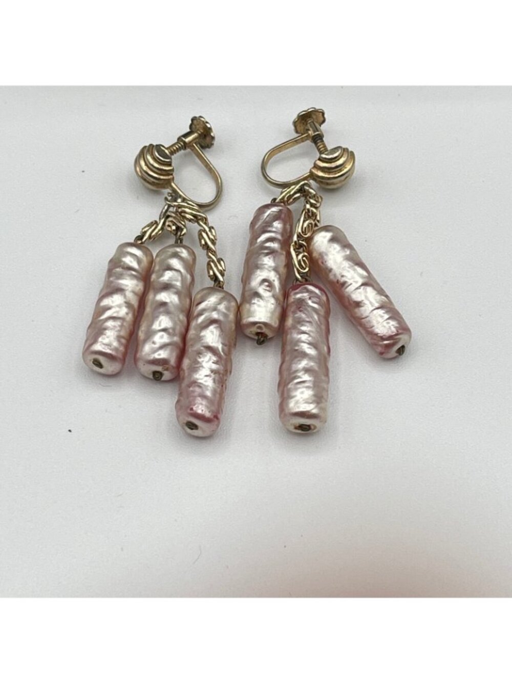 Opera Length Necklace Vintage Pearlescent Pink Bead Station 30" Drop + Earrings - Picture 5 of 9